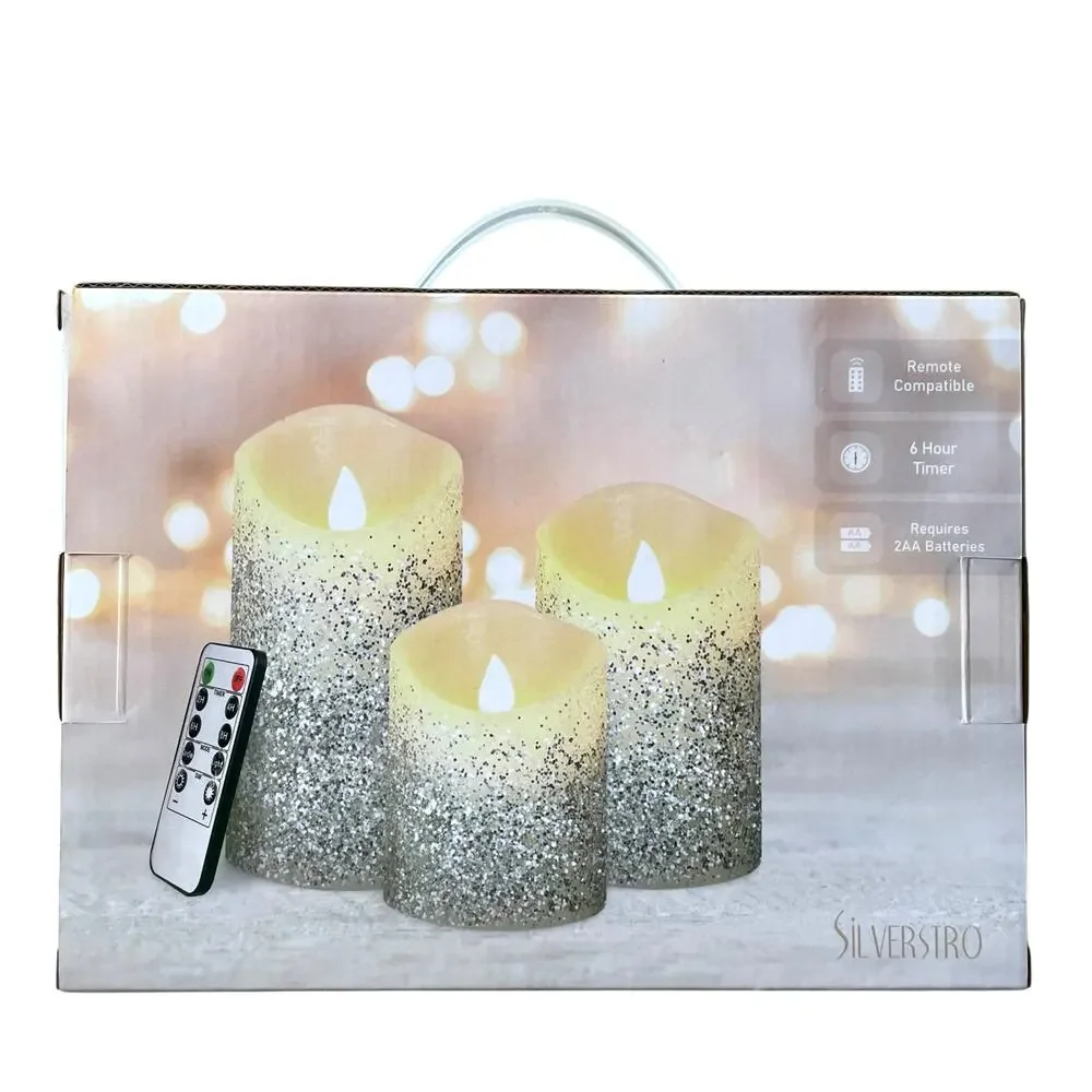 Set of 3 Silver Glitter Flameless LED Candles Battery Operated Holiday Decor NEW